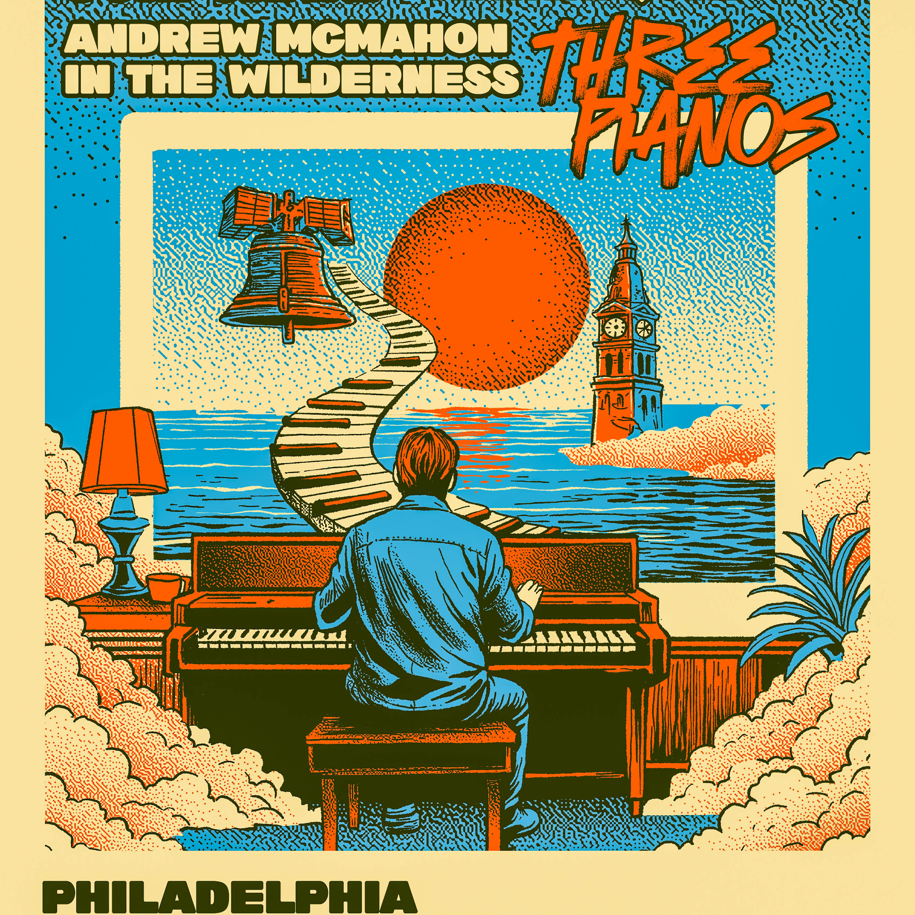 Andrew McMahon in the Wilderness Three Pianos Philadelphia poster illustration with a piano path, orange sun, and ocean scene