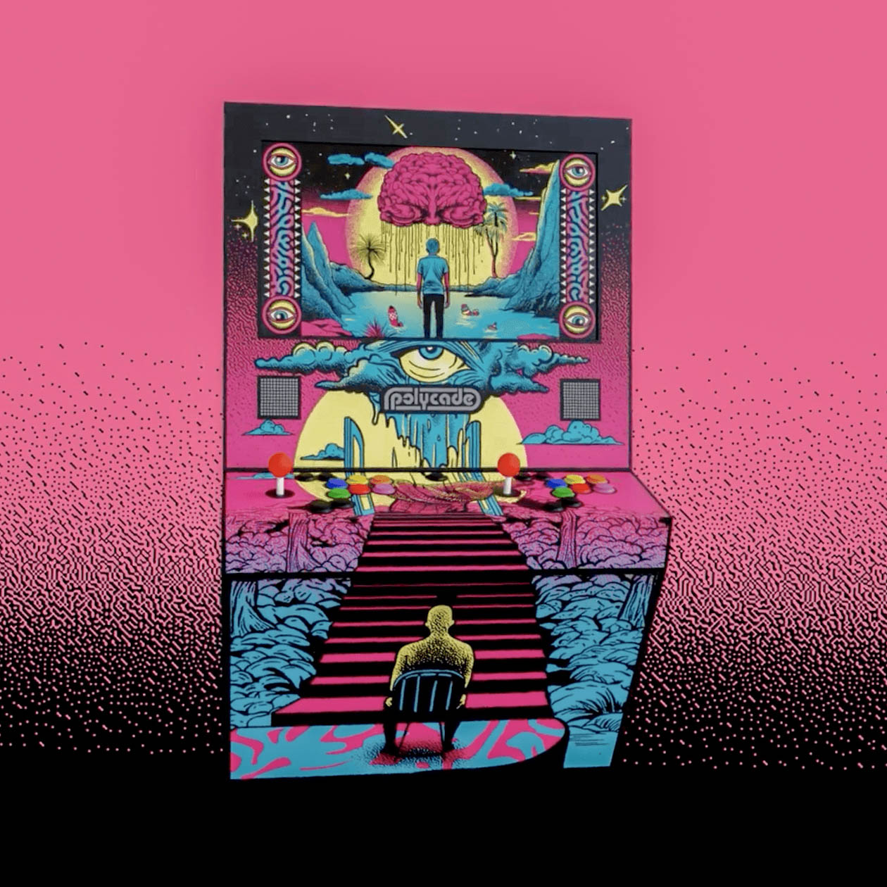 Polycade arcade cabinet illustration on a pink and black halftone background