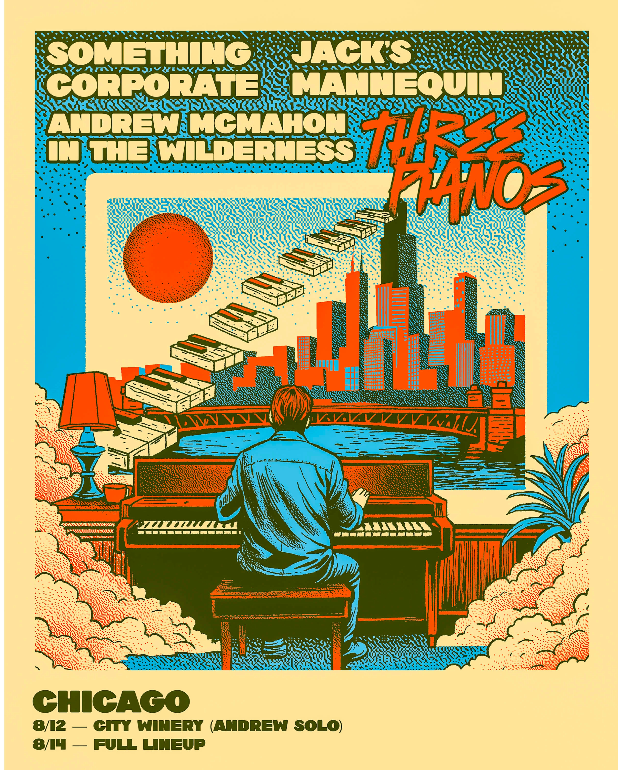 Chicago Three Pianos tour poster illustration for Something Corporate, Jack's Mannequin, and Andrew McMahon
