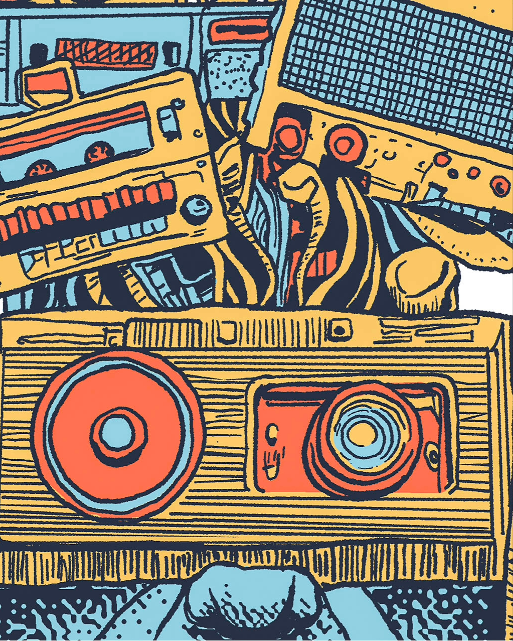 Close-up illustration of retro audio gear, cassette tapes, and knobs in blue, yellow, and coral