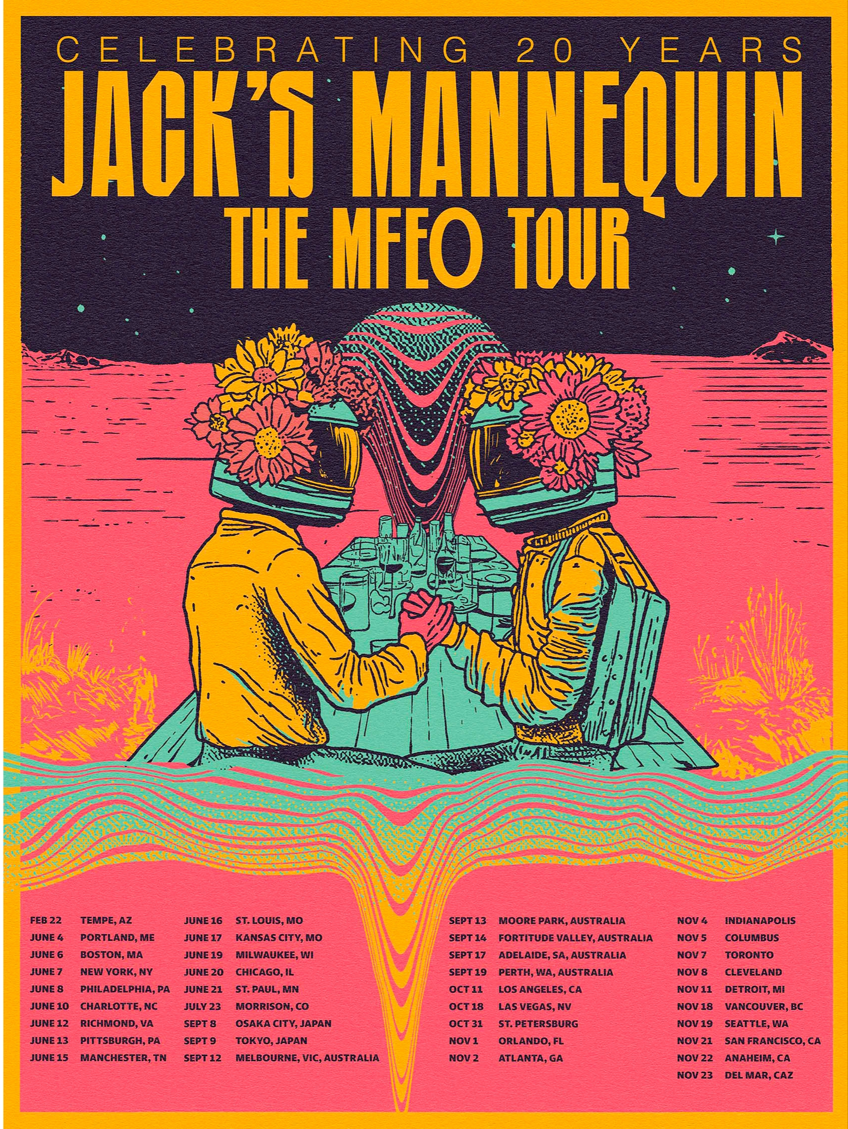 Jack's Mannequin MFEO Tour poster with two helmeted figures, flowers, ocean, and tour dates