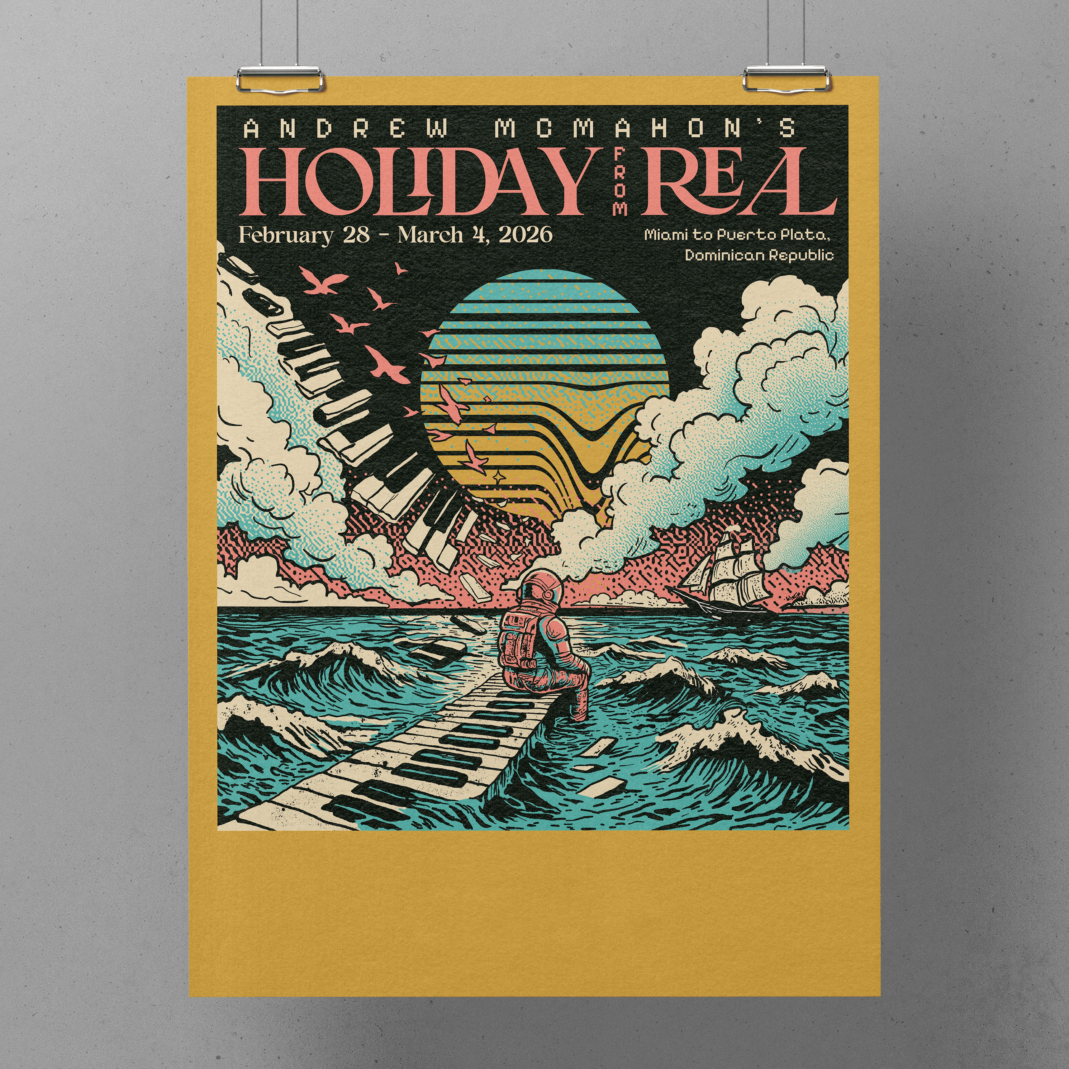 Andrew McMahon's Holiday From Real poster mockup with piano keys, waves, clouds, and a seated astronaut