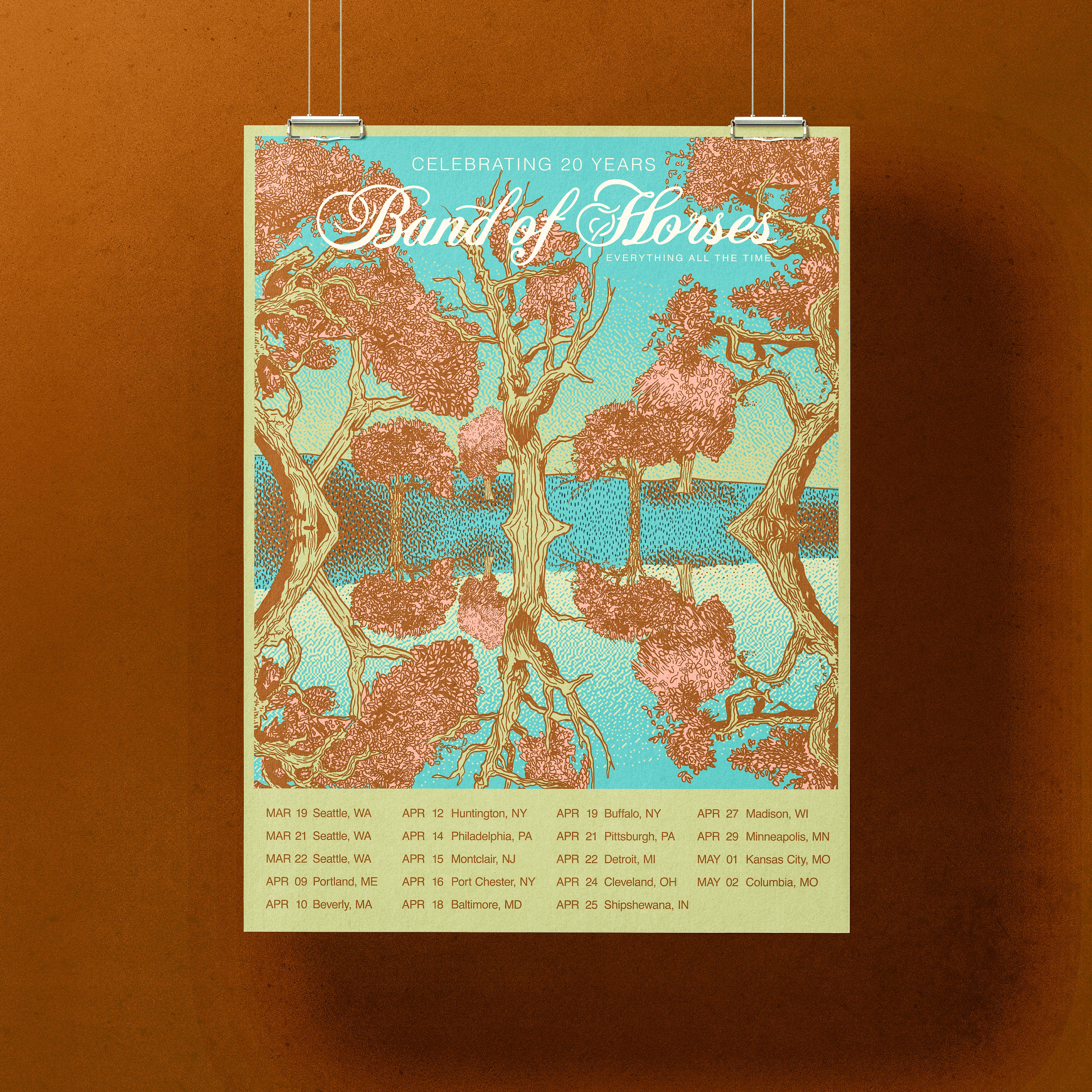 Band of Horses 20th anniversary poster mockup hanging against a warm brown wall